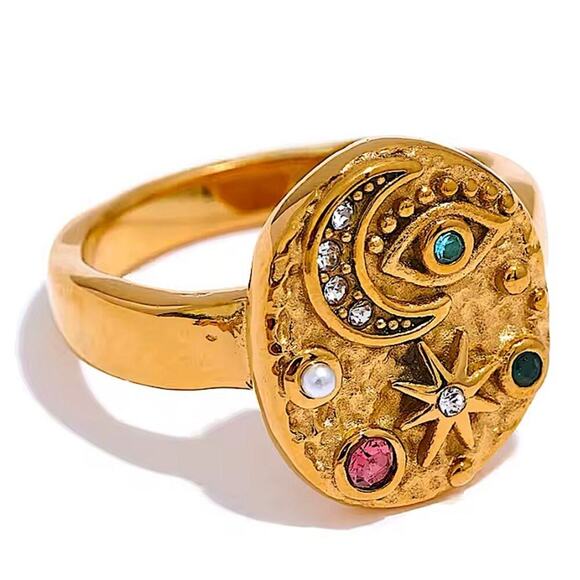 Gold Zircon Evil Eye Star Moon Ring Stainless Steel Gold Plated Bojo - Picture 1 of 6